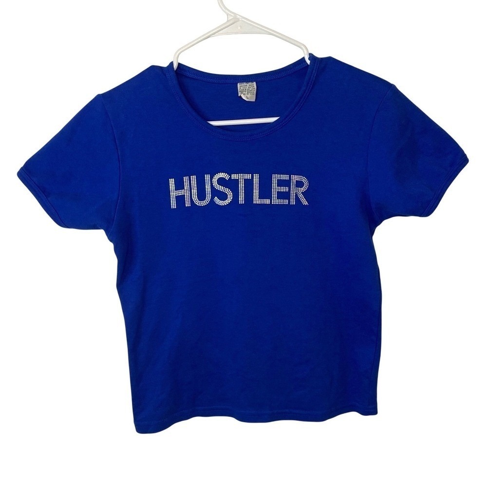 Vintage Hustler Blue Rhinestone Baby Tee Y2K Studded- Look Graphic T-Shirt USA L